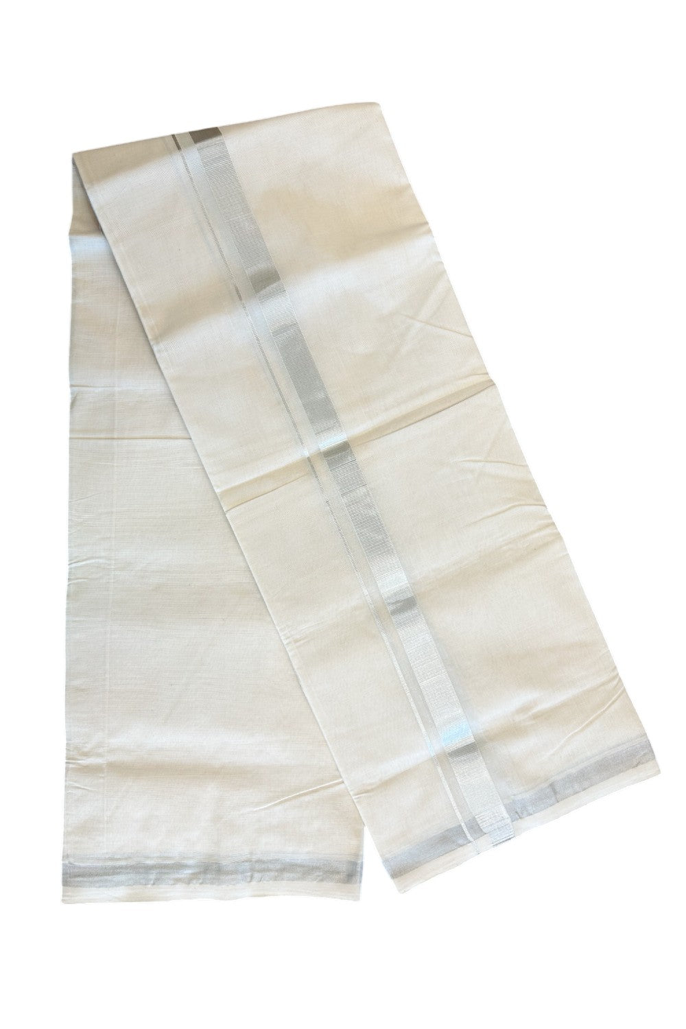 30% DISCOUNT! KaithariKada HANDLOOM unakkupaav Balaramapuram - 100% PURE Cotton Off White (Unbleached) -  Double Mundu/Dhoti - Silver Kasavu 1.5 inch Kara- 14