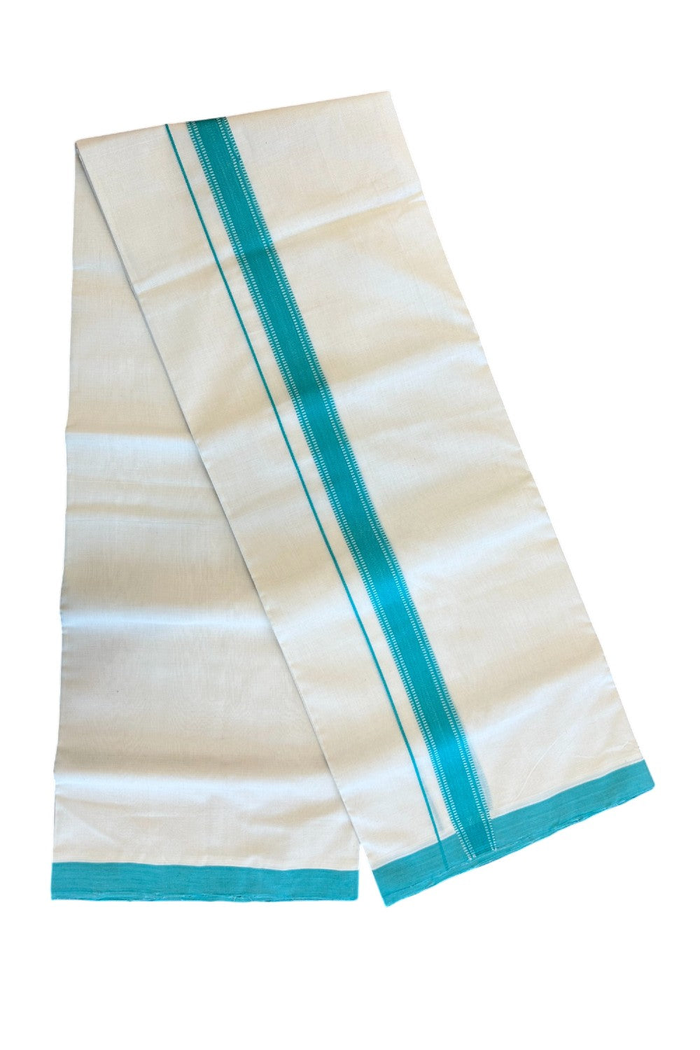 25% DISCOUNT!! KaithariKada HANDLOOM UNAKKUPAAV Balaramapuram - 100% PURE Cotton OFF White Double - (Unbleached) Mundu/Dothi - 1.75 inch Turquoise Design Kara - 9KK5049REA