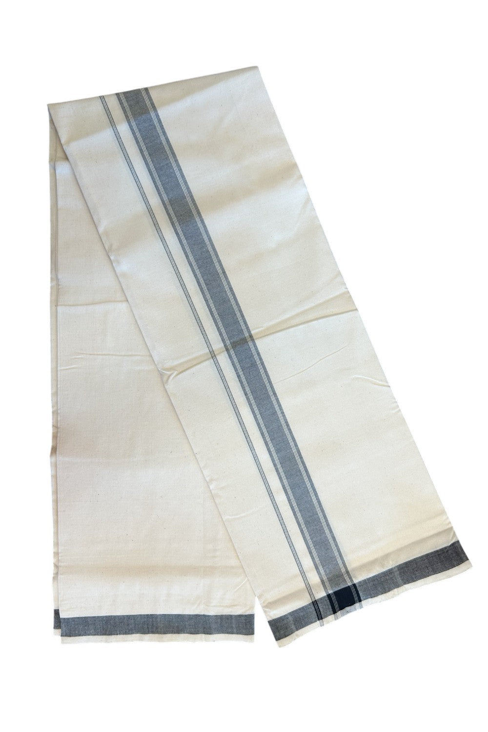 30% Discount KaithariKada 100% Cotton Balaramapuram HANDLOOM Single Mundu/Dhoti - Off White (Unbleached) 2 inch (2 meter / 4 muzham) Black Kara Stripes-323