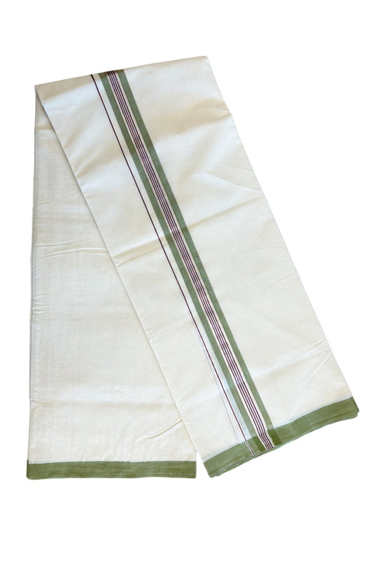 25% DISCOUNT!! KaithariKada HANDLOOM Millpaav Balaramapuram - 100% PURE Cotton OFF White - (Unbleached) Double Mundu/Dothi - 2 Inch Light Green & Purple silver Kasavu Striped Kara - 9KK5056RAM