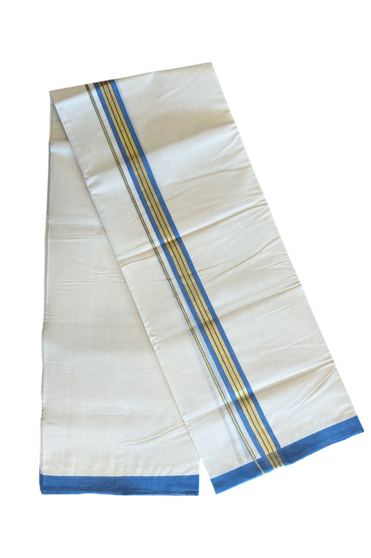 25% DISCOUNT! KaithariKada Balaramapuram Handloom  100% Cotton Double Off white (Unbleached) Mundu/Dhoti-100X100- 1.75inch Gold Kasavu & BLUE Kara.-2.