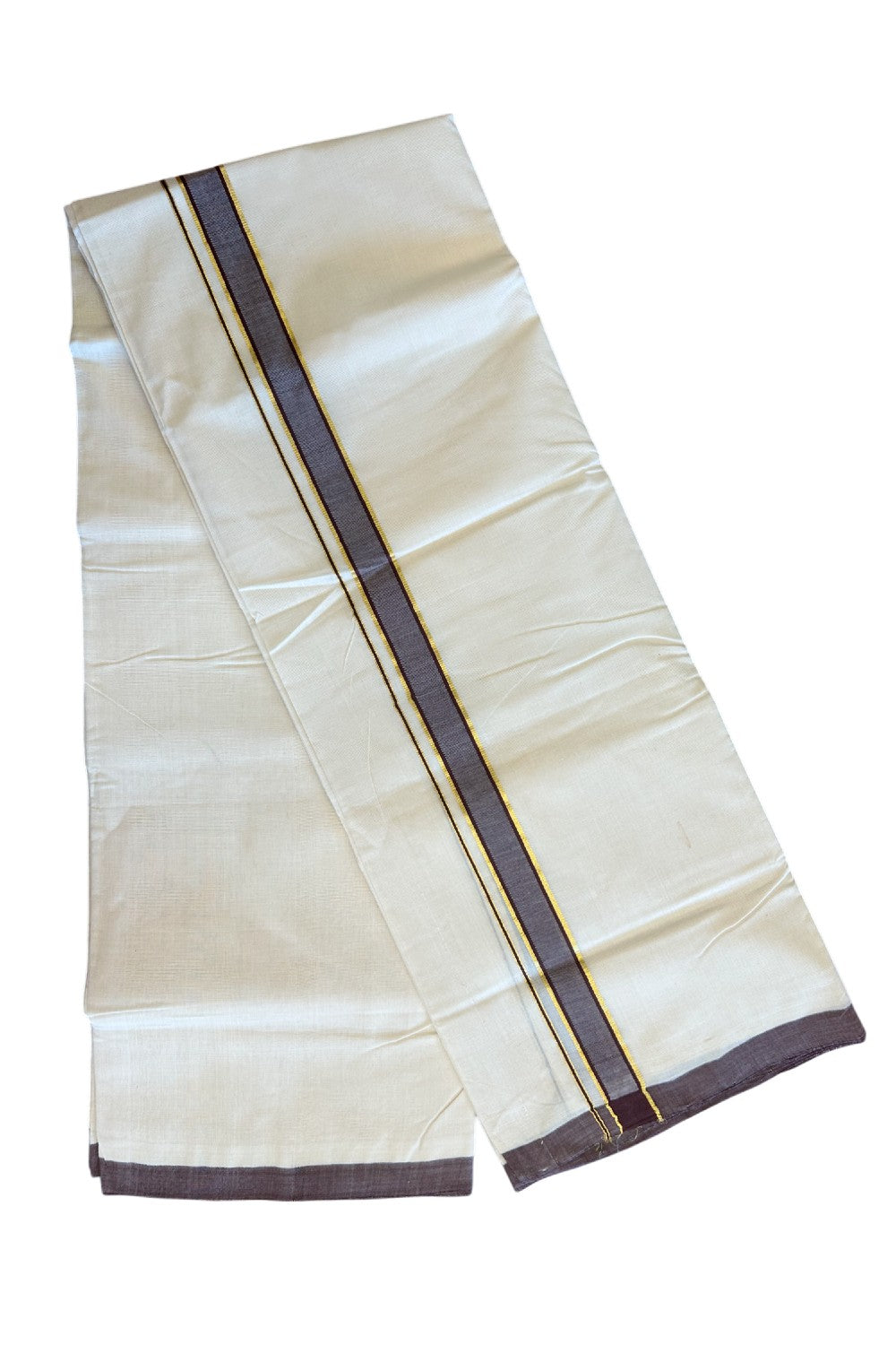 30% DISCOUNT! KaithariKada BALARAMAPURAM HANDLOOM Unakkupaav- 100% PURE Cotton 100x100 Double Mundu/Dhoti OFF WHITE (Unbleached) 3.8 mtr (8 Muzham)- Brown & Kasavu Kara