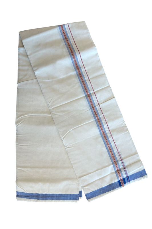 30% Discount ! KaithariKada 100% Cotton Balaramapuram HANDLOOM Single Mundu/Dhoti - Off White (Unbleached) 1.Inch (2 meter / 4 muzham) Blue & Red Stripes Kasavu Puliyilakkara Chutty- KAIHS001.