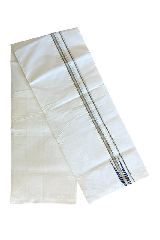 30% DISCOUNT!! KaithariKada HANDLOOM Millpaav Balaramapuram - 100% PURE Cotton OFF White Double - (Unbleached)Mundu/Dothi - 1.25 inch Puliyilakkara Kasavu & Navy Blue Striped Chutty - 9KK5123RAM