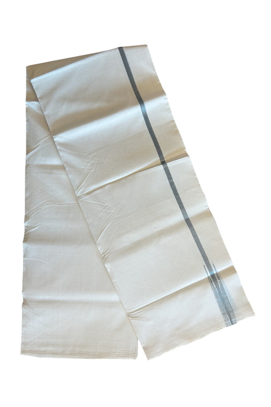 30% DISCOUNT!! KaithariKada HANDLOOM UNAKKUPAAV Balaramapuram - 100% PURE Cotton OFF White - (Unbleached) Double Mundu/Dothi - 0.75 inch Green & Silver Striped puliyilakkara chutty - 9KK5128YAR