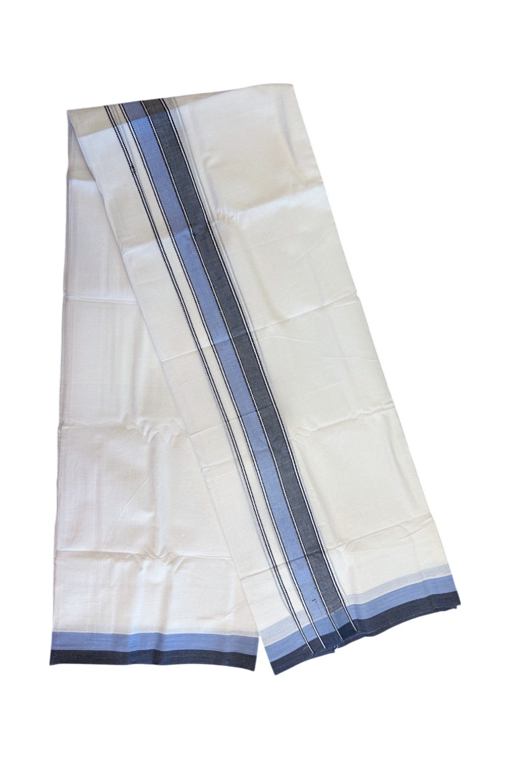 28% DISCOUNT! KaithariKada Balaramapuram 100% Cotton PURE WHITE Double Mundu/Dhoti - 100x80 - 1.75 inch Blue & Black shaded designer kara - 9KK5134THI