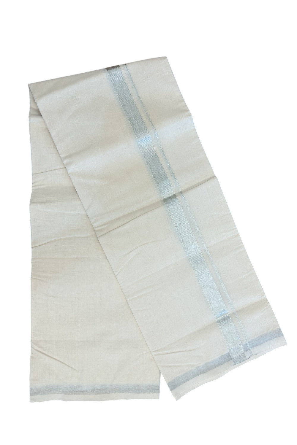 25% DISCOUNT! KaithariKada HANDLOOM Millpaav Balaramapuram - 100% PURE Cotton Off White - (Unbleached) Double Mundu/Dhoti - 2.5 cm Silver Kasavu Striped kara - 9KK5136RAM
