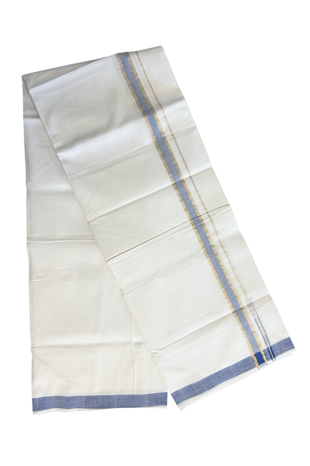 SIGNATURE KAITHARIKADA EXCLUSIVE SINGLE DHOTI - 20% Discount!!  100% Cotton Balaramapuram HANDLOOM Single Mundu/Dhoti - PURE WHITE - 1 inch Lavender Blue & Gold striped kara  (2 meters /4 muzham) - 7KK5146KAI