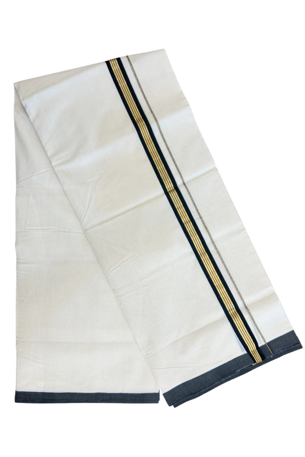 30% DISCOUNT!! KaithariKada HANDLOOM UNAKKUPAAV Balaramapuram - 100% PURE Cotton OFF White Double - (Unbleached)- Mundu/Dothi - 1 inch Black & Gold Kasavu Striped Kara 4.5 Meters (10 Muzham) - 9KK5160REA