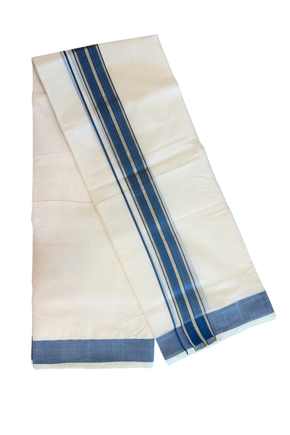 27% DISCOUNT!! KaithariKada HANDLOOM millpaav Balaramapuram - 100% PURE Cotton OFF White - (Unbleached) Double Mundu/Dothi - 2 inch Peacock blue colour kasavu  & Gold Kasavu Striped kara - 6KK5162RAM