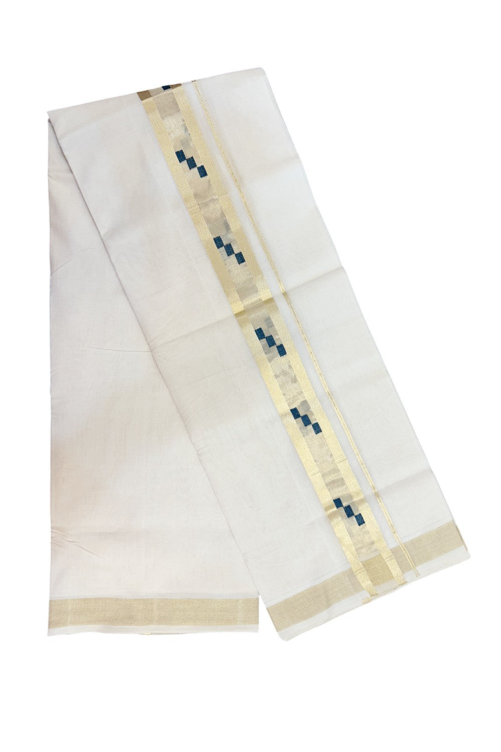 25% DISCOUNT ! KaithariKada HANDLOOM Unakkupaav Balaramapuram - 100% PURE Cotton Off White - (Unbleached) Double Mundu/Dhoti - 100x100 - 2 inch Gold Kasavu Center tissue & Green Designer Kara - 9KK5176ABH