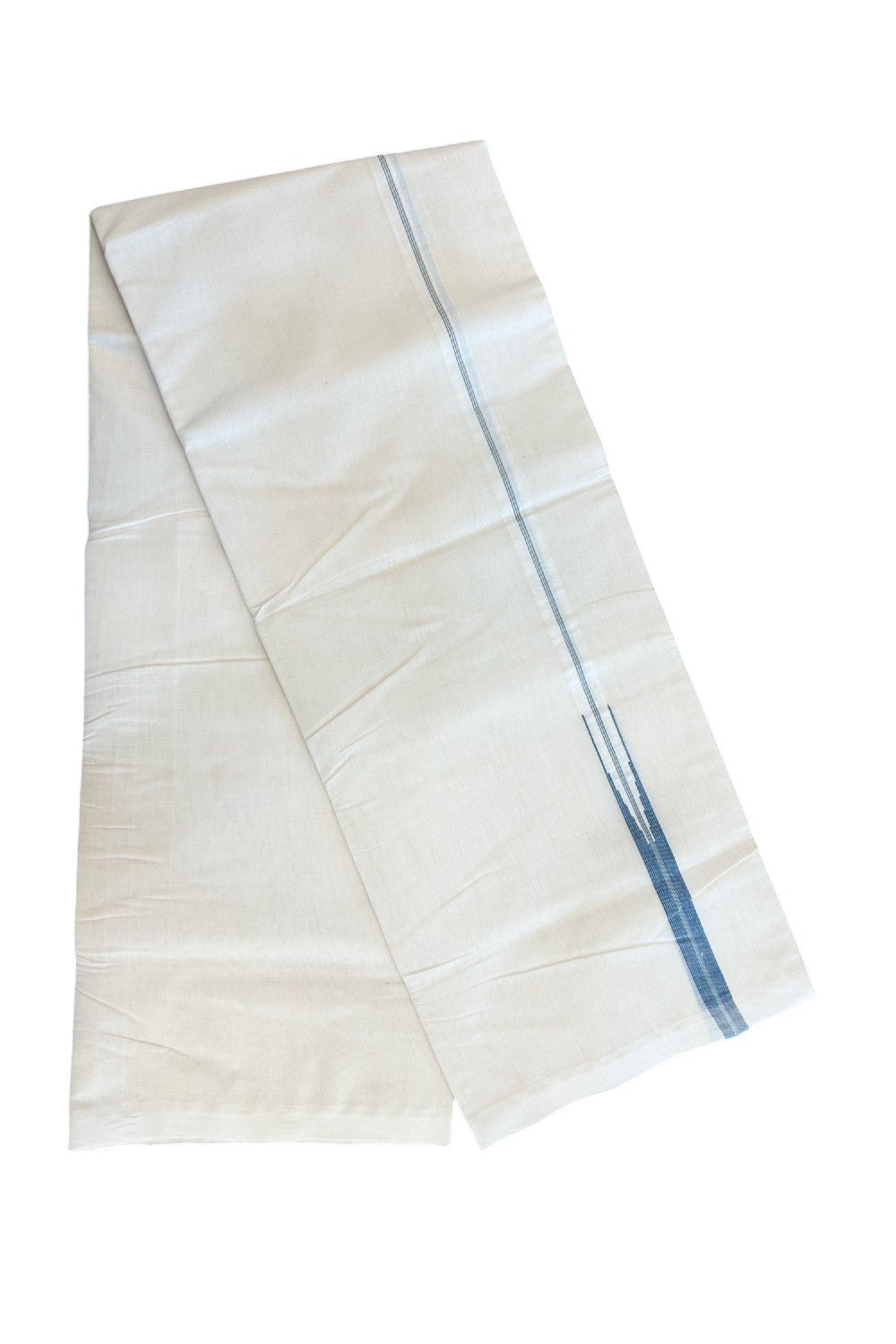 25% DISCOUNT!! KaithariKada HANDLOOM MILPAAV Balaramapuram - 100% PURE Cotton OFF White Double - (Unbleached) Mundu/Dothi - 100x100 - 0.75 Inch Peacock blue striped chutty - 8KK5177RAM