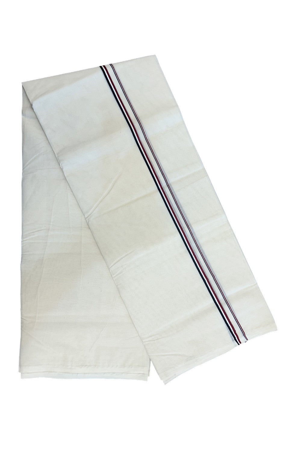 ADMK VESHTI - 17% DISCOUNT! KaithariKada 100% Cotton off white Double - (Unbleached) Mundu/Dhoti - 100X100 - 0.5 inch Black White & Maroon kara - 9KK5178ASH