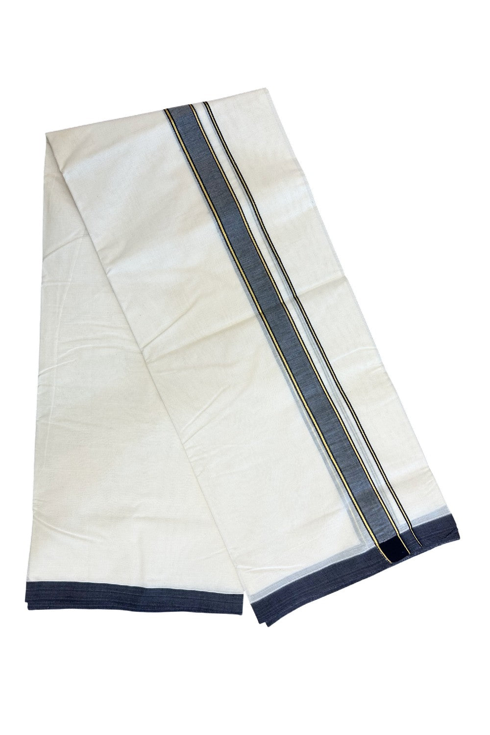 SHORT DHOTI SPECIAL! Kaitharikada.com 30% DISCOUNT! KaithariKada Balaramapuram 100% Cotton  Off white (Unbleached) Double Mundu/Dhoti-100x100 - 1.25 inch Kara & 46 inches Height Navy Blue & Kasavu Striped Kara- 9KK5179ASH