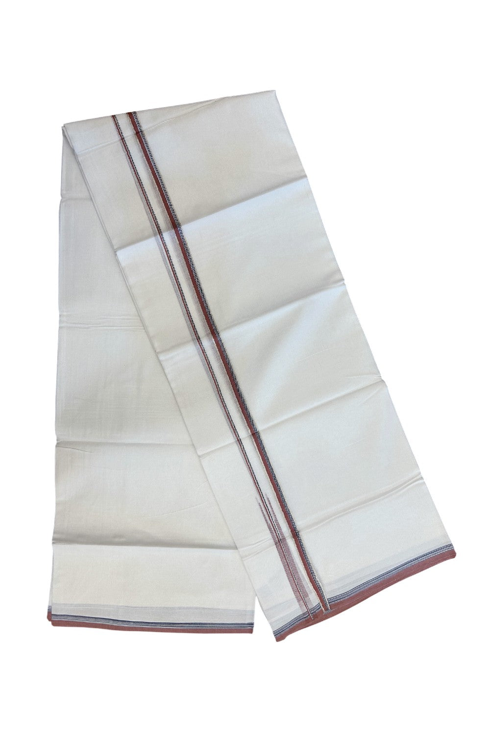 20% Discount !! Kaitharikada Balaramapuram 100% Cotton PURE WHITE DOUBLE Mundu/Dothi- 100X80 Thread - 0.5 inch - Silver Kasavu Black & Brick Red Design Chutty Kara - 9KK5184RAMS