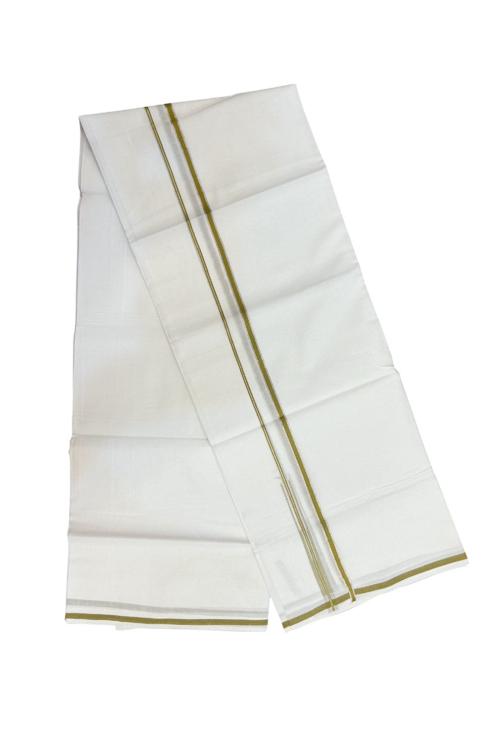 20% Discount !! Kaitharikada Balaramapuram 100% Cotton PURE WHITE Double Mundu/Dothi - 100x80 - 0.25 inch Silver Kasavu & Olive Yellow Chutty Kara - 9KK5191CKS