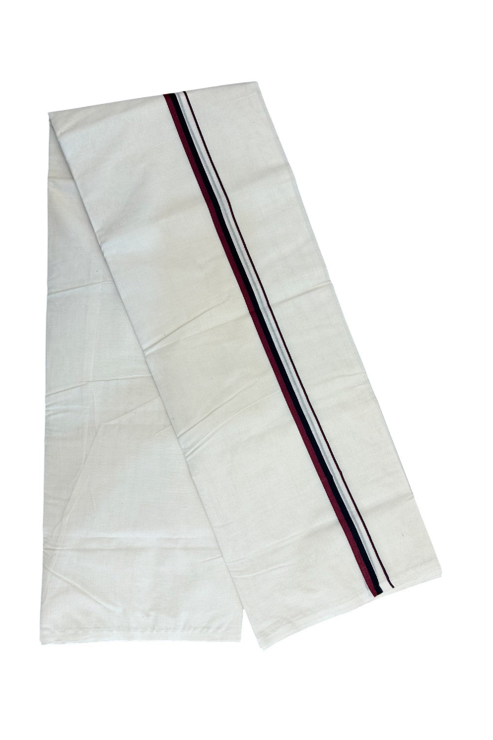 DMK Veshti - 20% DISCOUNT! KaithariKada 100% Cotton off white Double - (Unbleached) Mundu/Dhoti - 100X100 - 0.5 inch Black & Maroon kara 3.75 m (8 muzham)- 9KK5198ASH