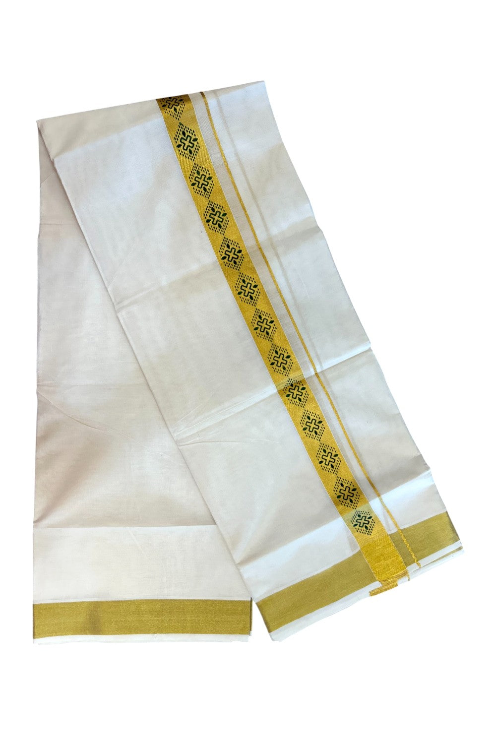 22% Discount!! KaithariKada Balaramapuram 100% Cotton DOUBLE OFF WHITE - (Ubleached) Mundu/Dhoti - 80x90 - 1.5 inch Gold Kasavu with Dark Green Printed Design Kara - 9KK5219 GAN
