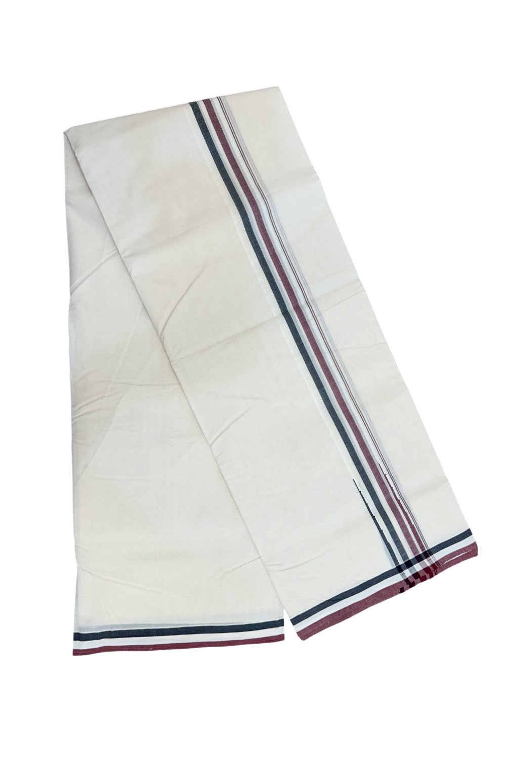 ADMK VESHTI - 20% DISCOUNT! KaithariKada 100% Cotton off white Double - (Unbleached) Mundu/Dhoti - 100X100 - 2.25 inch Puliyilakkara Black White & Maroon Shaded Chutty kara - 9KK5226 ASH