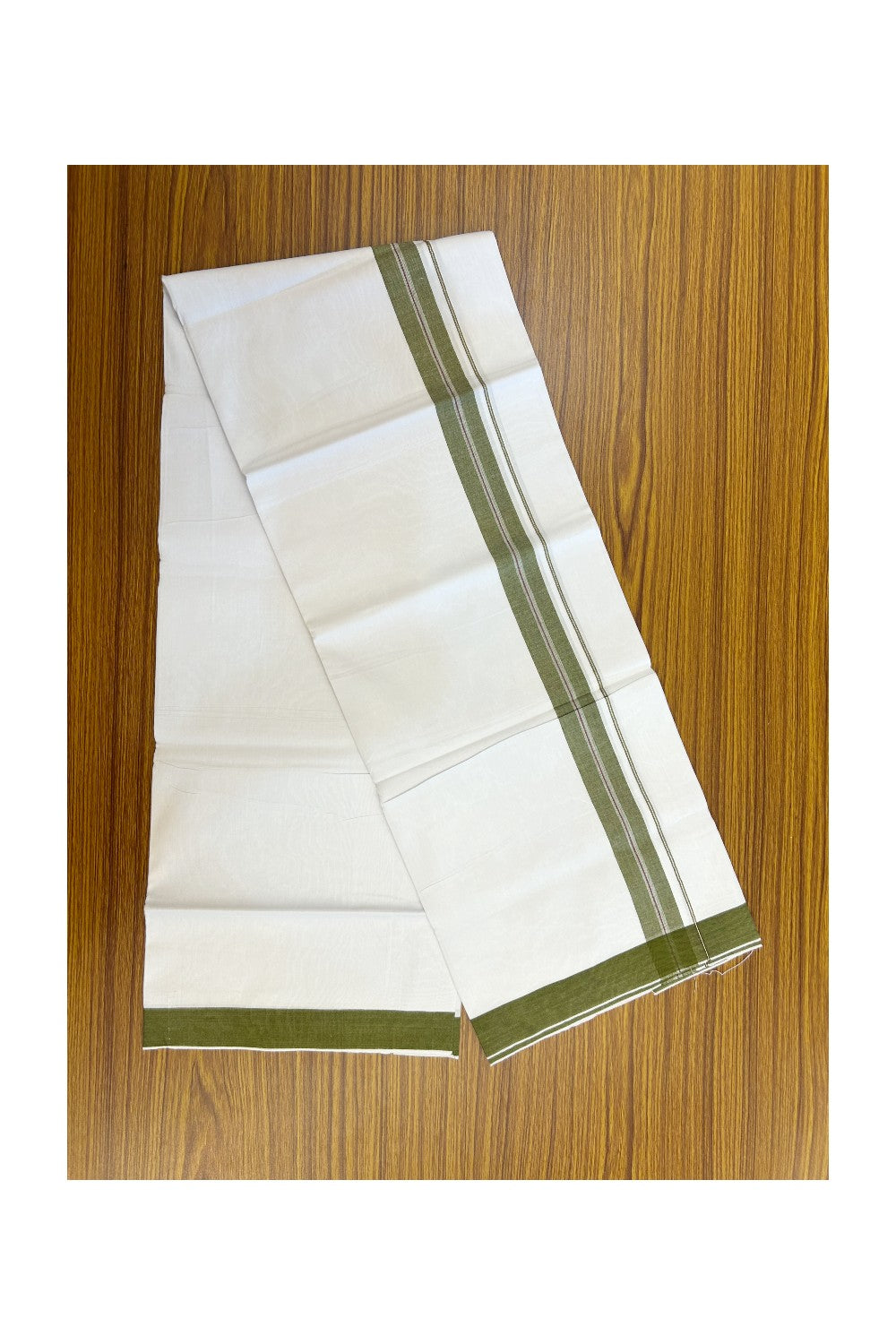 24% Discount !! KaithariKada Balaramapuram 100% Cotton Pure white Single Mundu/Dhoti - Twisted 60s Thread- 1.25 inch Silver Kasavu Olive Green & Purple Shaded Striped Kara (2 meter / 4 muzham) - 9KK5241 GL