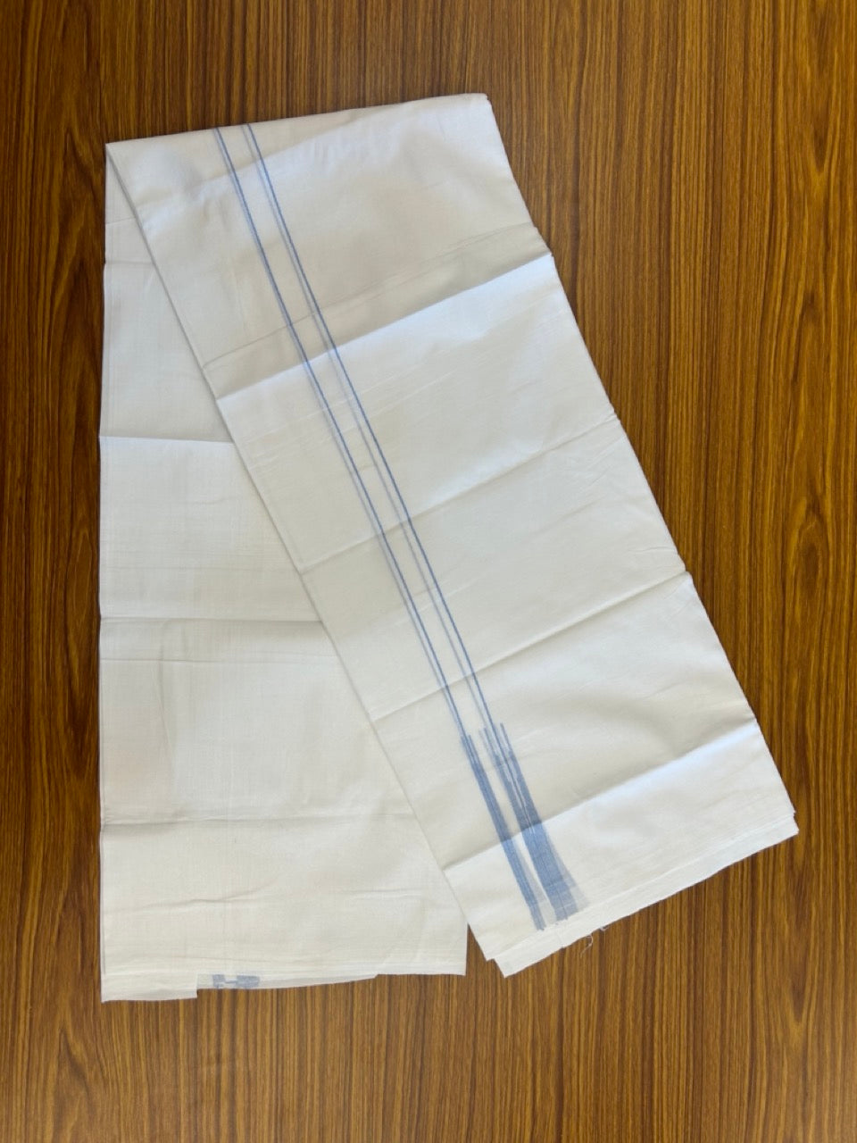20% DISCOUNT!! NEW!! KaithariKada Balaramapuram 100% Cotton PURE WHITE Double Mundu/Dhoti - (100x80)s - 0.75 inch Blue Line chutty - 9 KK5249 VIN