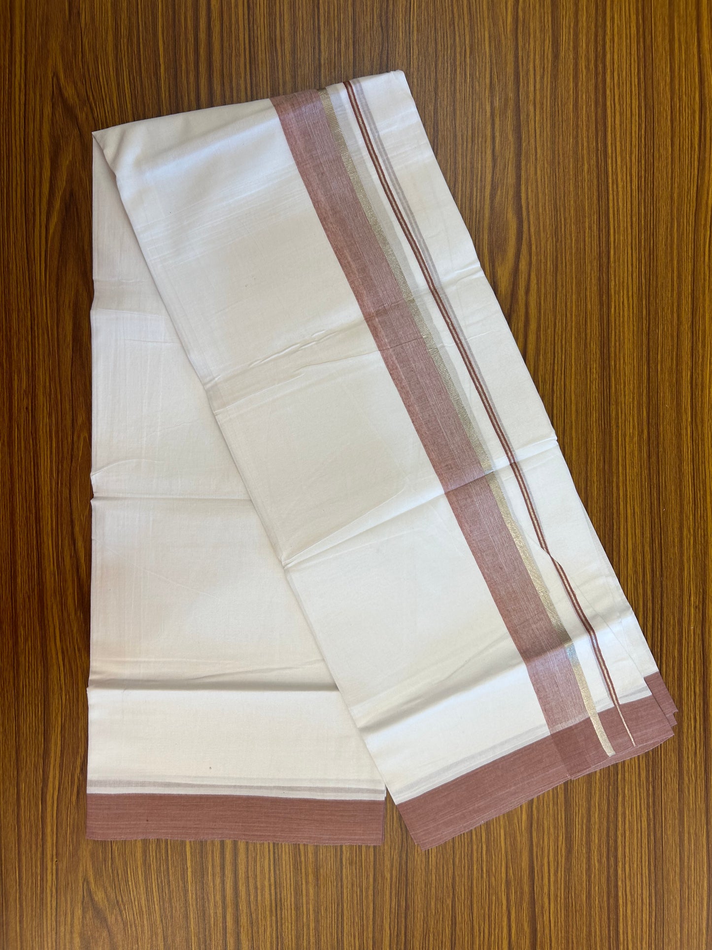 Short Dhoti Special - 28% Discount ! KaithariKada 100% Cotton Pure White Double Mundu / Dhoti - 100x80 - 45 inch Height 3.80 m Length  1.5 inch Brown Maroon Silver Kasav kara - 9 KK 5256 THI