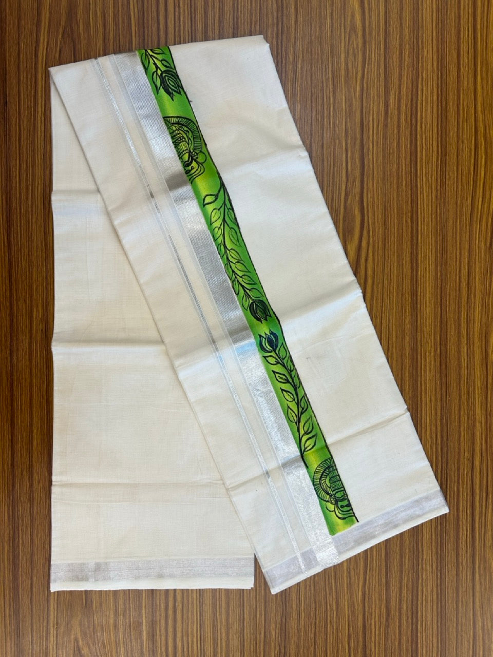 24% Discount! KaithariKada 100% Cotton Double Off white - (Ubleached) Mundu / Dhoti - 100x80 1 inch Silver Kasavu & Hand Painted Flower Kathakali - 9 KK5259 CKS