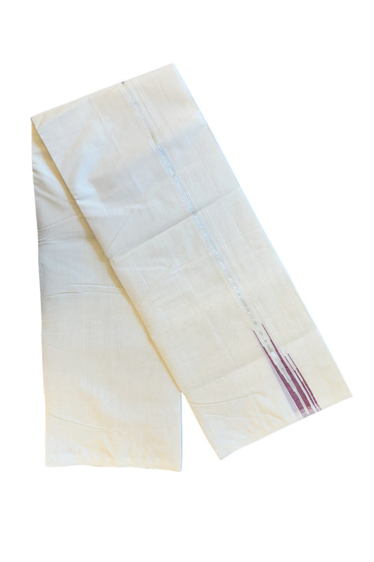 30% DISCOUNT!! KaithariKada HANDLOOM Millpaav Balaramapuram - 100% PURE Cotton Off White (Unbleached) Double Mundu/Dhoti - Silver kasavu  Puliyilakkara red Double Chutty -  9KK72RAM