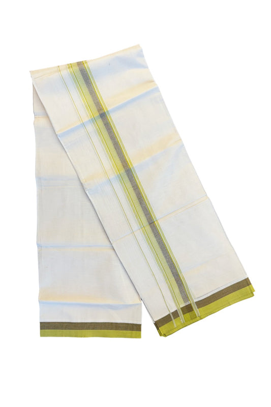 19% DISCOUNT ! KaithariKada Balaramapuram 100%  Cotton off white Double - (Unbleached) Mundu/Dhoti - 100X100  Yellow green & brown shaded kara with stripes - 9KK81VIN