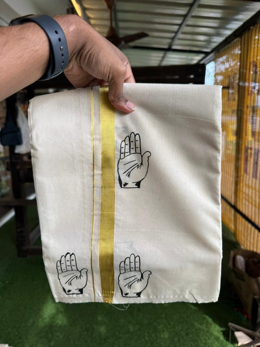 CONGRESS VESHTI - KaithariKada Balaramapuram 100% Cotton Double Off white - (Unbleached) Mundu/Dhoti-100x80 - 0.75 inch Hand Painted Gold Kasav & Kaipathi Design Kara 3.80 mtr (8 muzham) - 17 KK5244 ASH