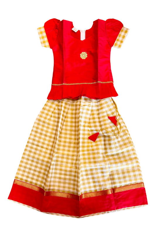 Midukki-Traditional South Indian Kids Pattu Pavada- Red top with pleats offwhite check skirt with kasavu & red border- Age 8 - KK8MID009