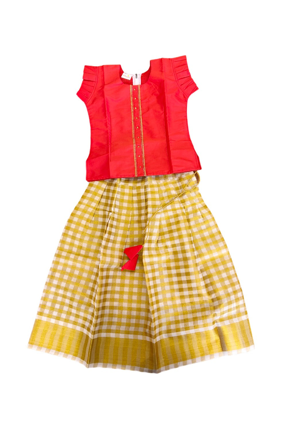 Midukki-Traditional South Indian Kids Pattu Pavada- Orange top offwhite check skirt - Age 6 - KK6MID009