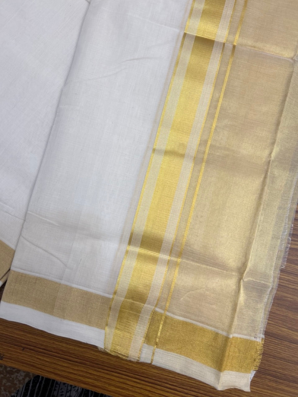 25% Discount ! KaithariKada Handloom Milpaav Balaramapuram - Pure Cotton Off White - (Unbleached) Double Mundu/Dhoti - (80X90s) - 7 inch Gold Kasav Striped & Half Tissue Kara - 99 KK5256 RAM