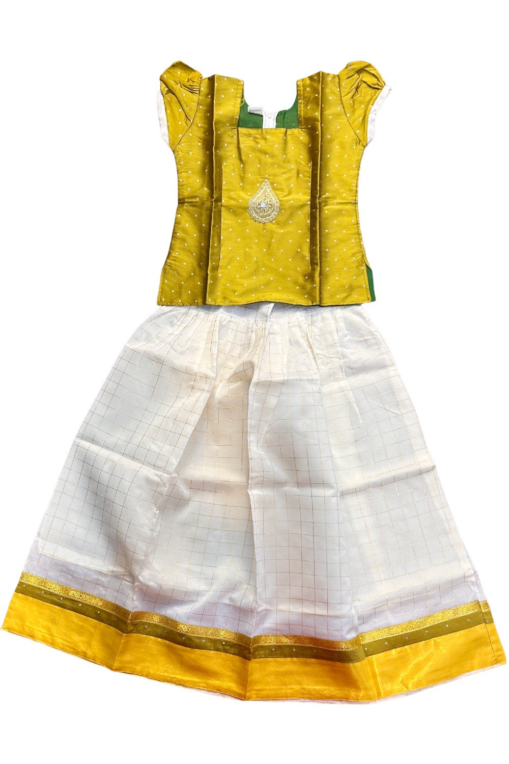 Midukki-Traditional South Indian Kids Pattu Pavada- Olive green top offwhite check skirt with kasavu- Age 10 - KK10MID009