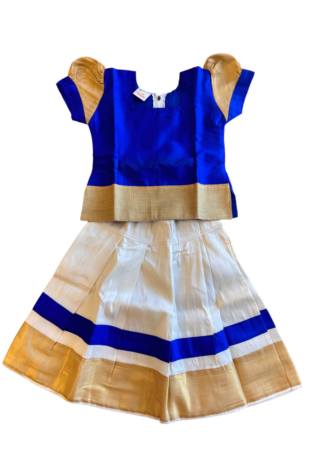 Midukki-Traditional South Indian Kids Pattu Pavada- Blue top offwhite skirt with kasavu- Age 2 - KK2MID009