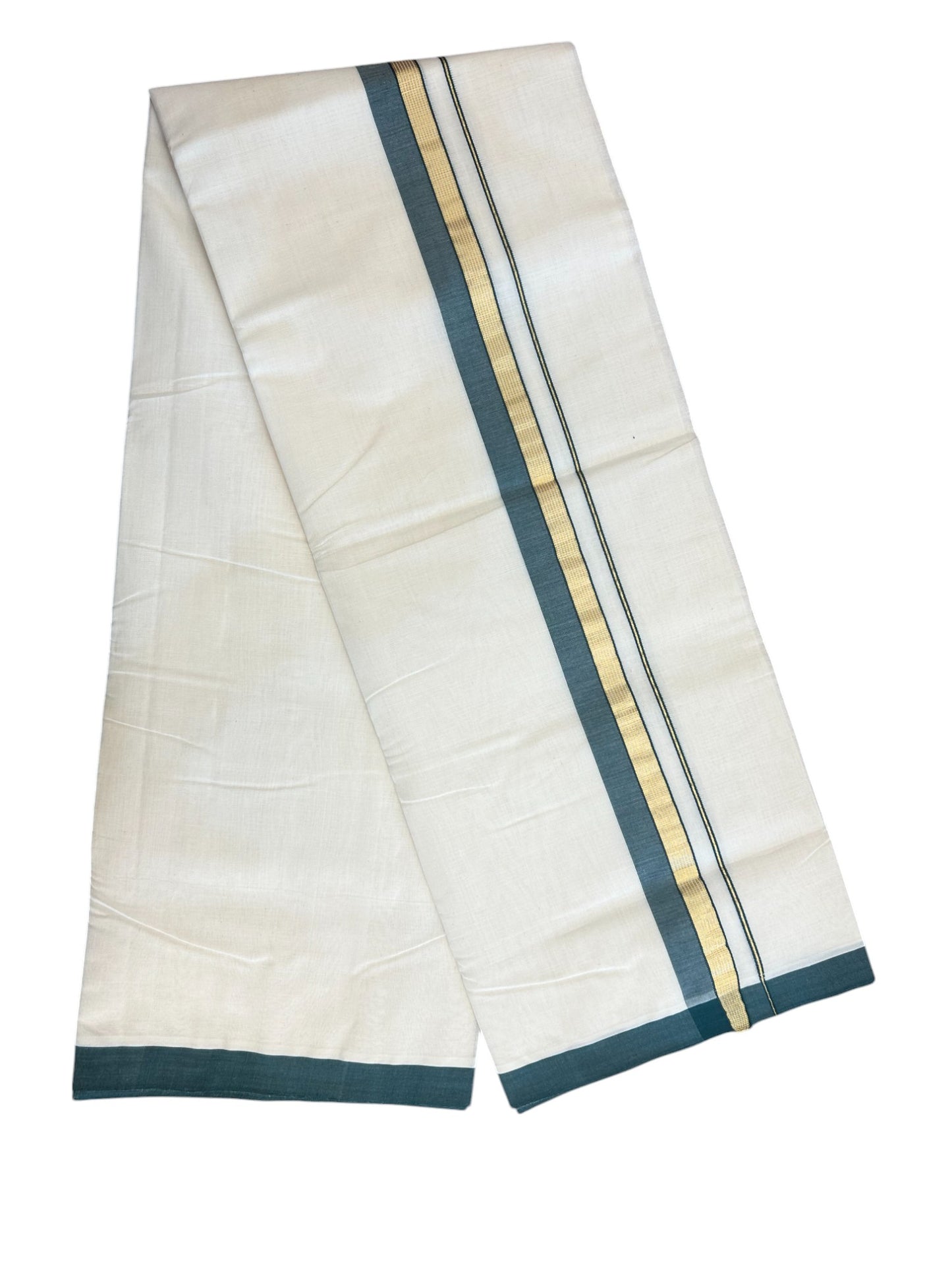 31% DISCOUNT!! KaithariKada HANDLOOM Millpaav Balaramapuram - 100% PURE Cotton OFF White Double - (Unbleached) Mundu/Dothi - 1.75 Inch Gold Kasav Green kara - 9kk5153RAM