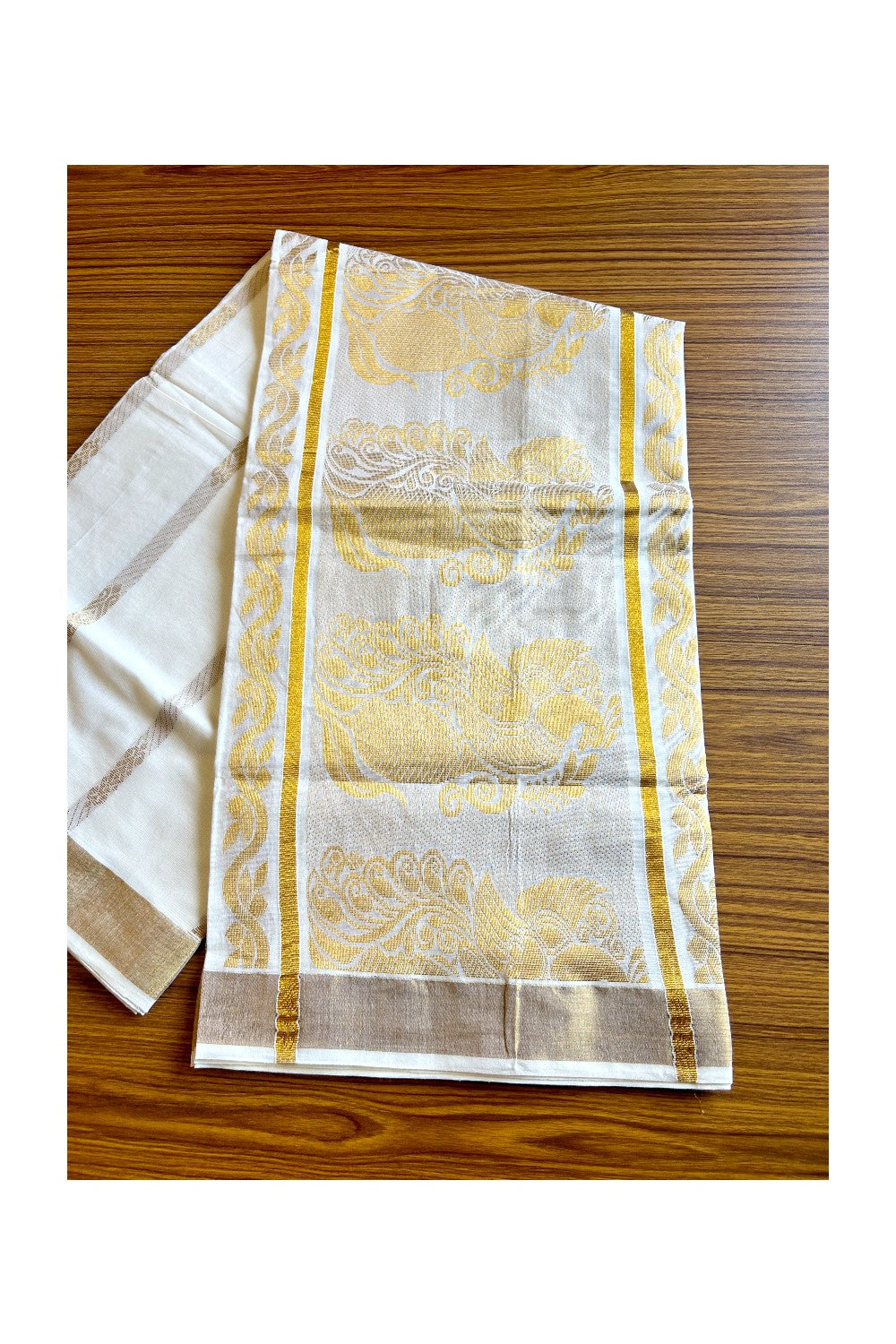 23 % Discount!!! Kaitharikada Kerala Cotton Saree Off white  - 30 inch Kasav Zari with Peacock Pattern Putta Design- 9KK1002JEE