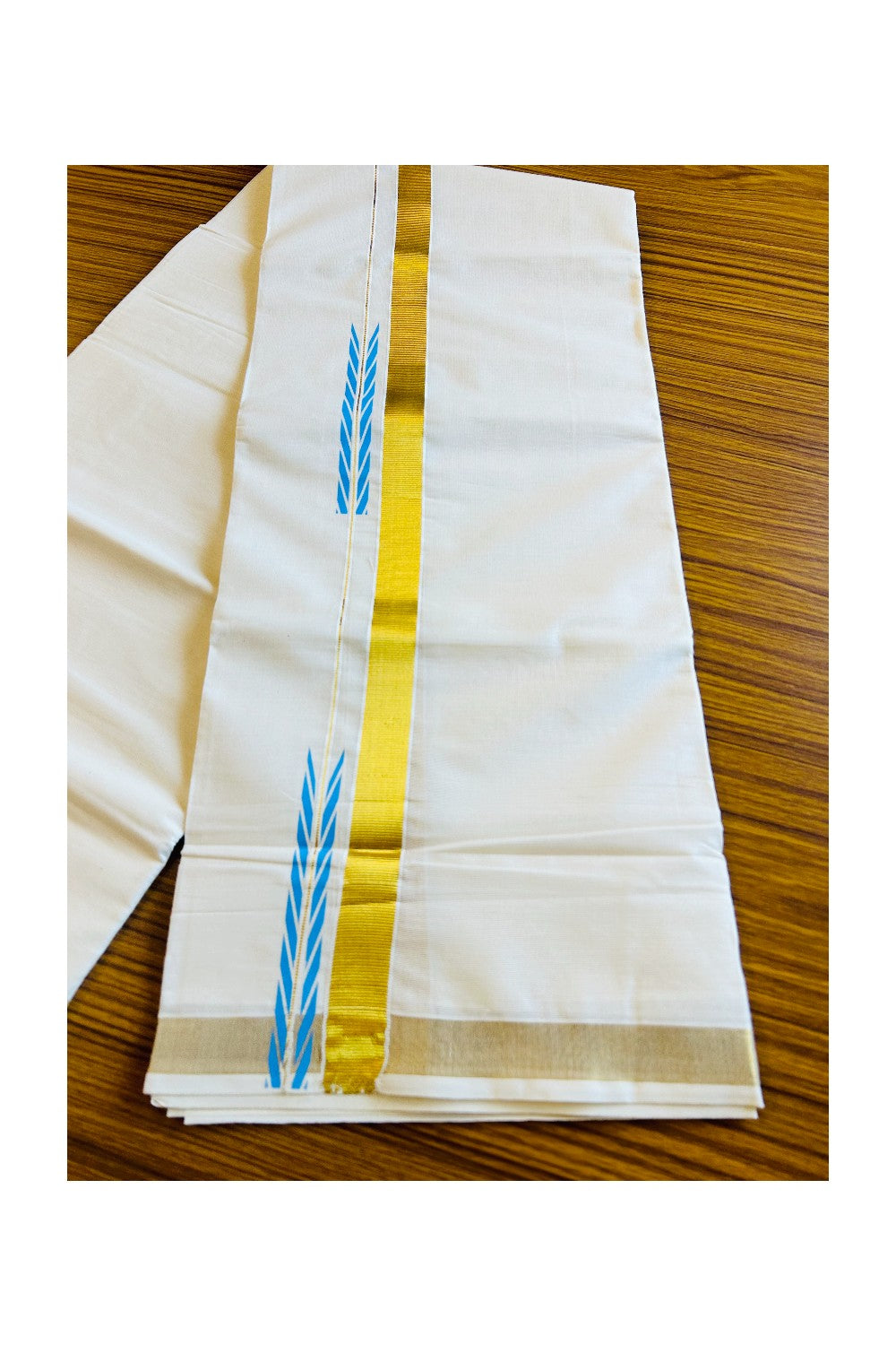 15% DISCOUNT!!! KaithariKada Balaramapuram 100%  Cotton off white Double - (Unbleached) Mundu/Dhoti - 80X72  GOLD KASAVU & Sky Blue CHUTTY Kara - 9KK402VIN