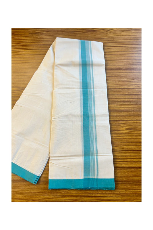 30% DISCOUNT!! KaithariKada HANDLOOM Millpaav Balaramapuram - 100% PURE Cotton OFF White (Unbleached) Double Mundu/Dothi - 2 inch Blue green side striped kara 3.75 meters (8 Muzham) - 9KK409RAM