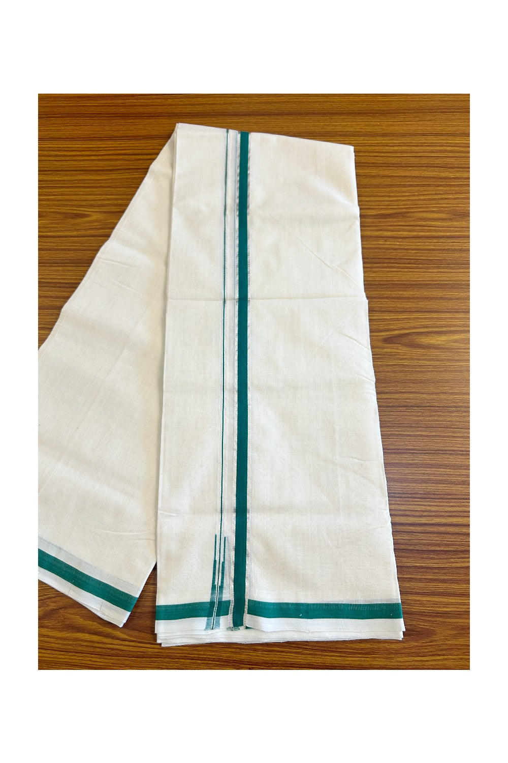 23% Discount!!! KaithariKada HANDLOOM UNAKKUPAAV Balaramapuram - 100% PURE Cotton off white (Unbleached) Double Mundu/Dhoti - 2 cm Silver kasavu & green puliyilakkara chutty - 9KK458SOM