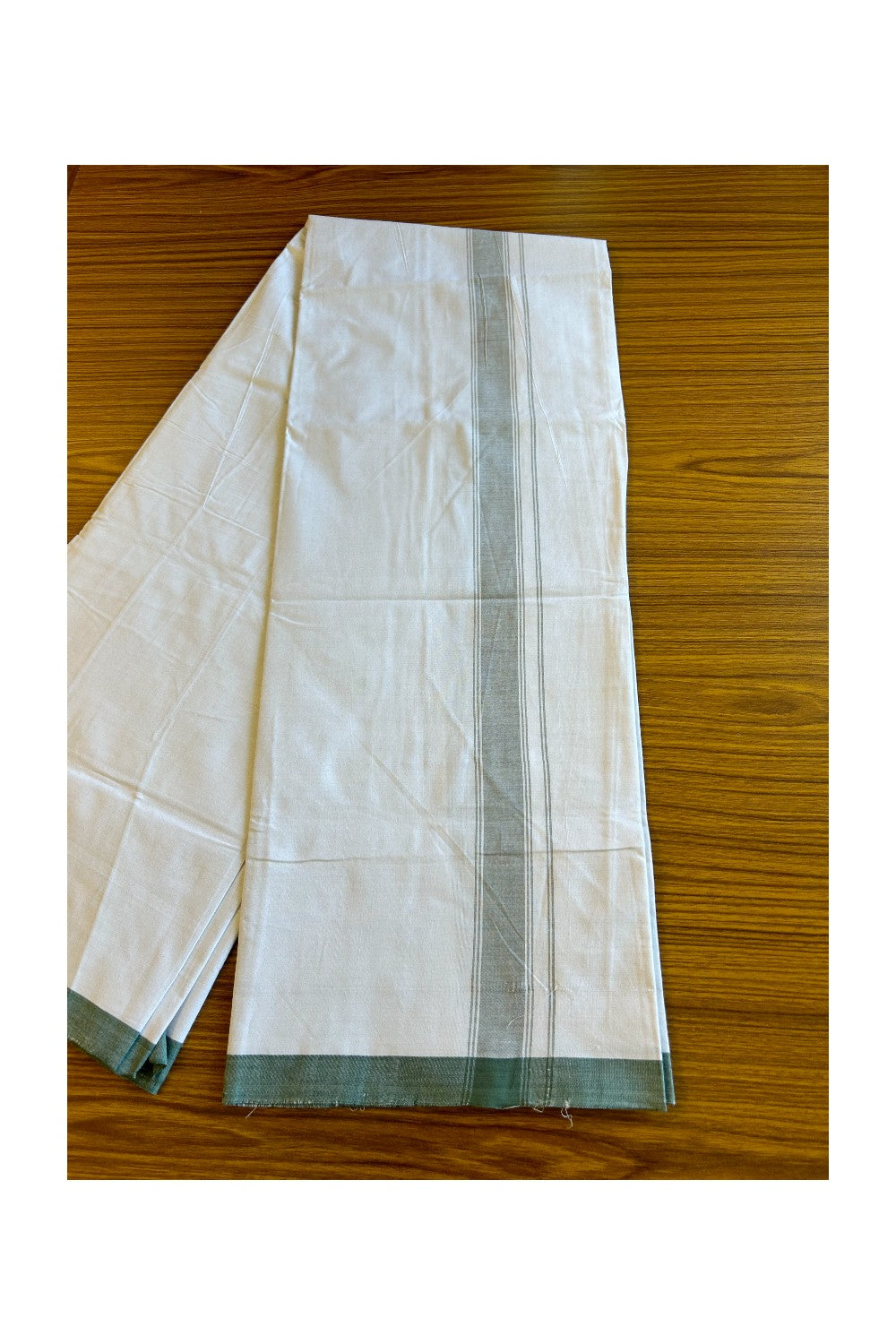 Ultimate HANDLOOM-19% Discount! - Kaitharikada Kalamachal-Government Sealed HALLMARKED-100% PURE COTTON! (80x80) Twisted Thread- Light WHITE SINGLE Mundu / Dhoti -1.85 inch Light Green Striped Kara - 9KK478KAL