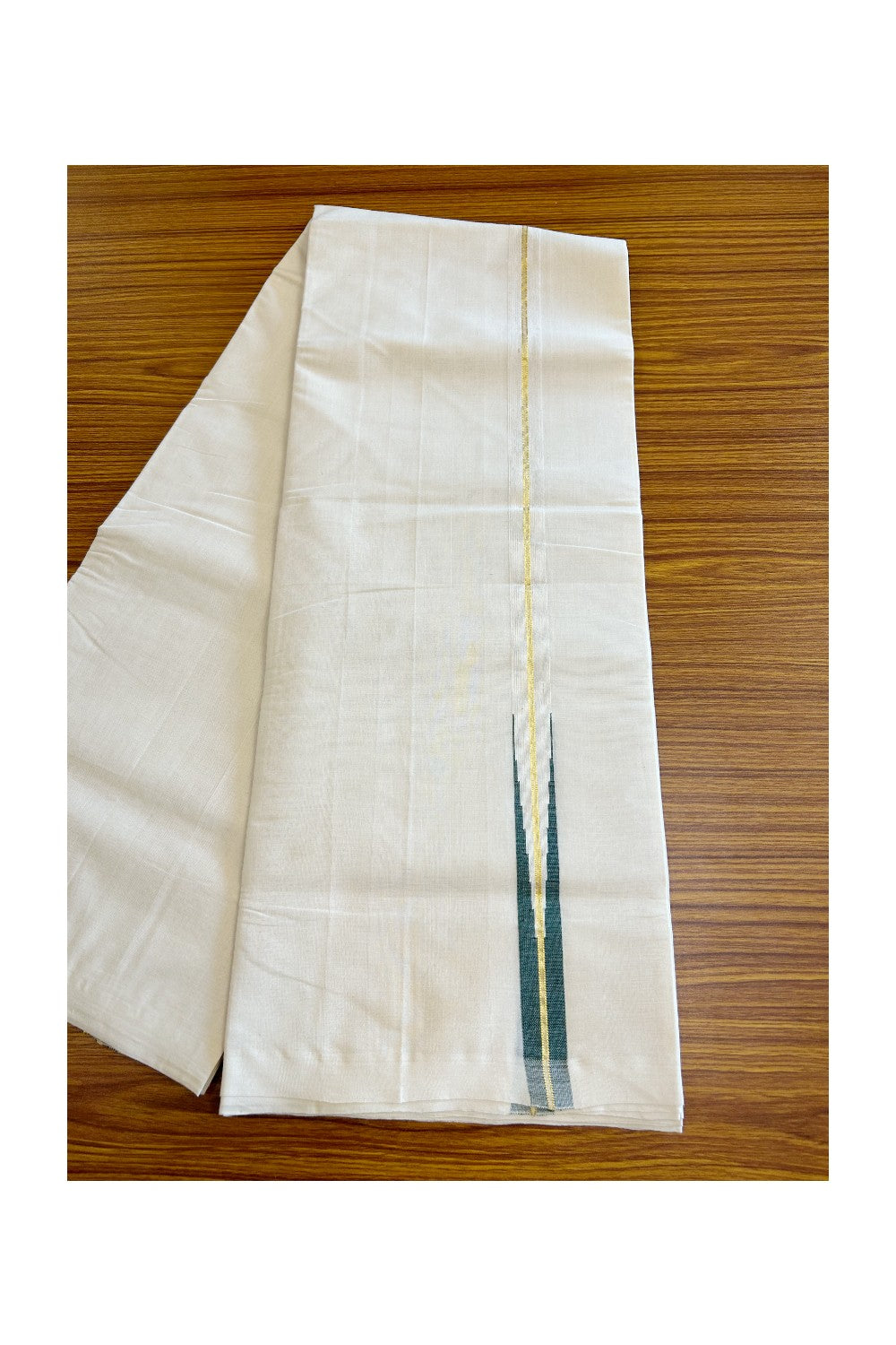 30% DISCOUNT!! KaithariKada HANDLOOM Millpaav Balaramapuram - 100% PURE Cotton OFF White - (Unbleached) Double Mundu/Dothi - 2 cm puliyilakkara Kasavu & Dark green chutty - 9KK5029RAM
