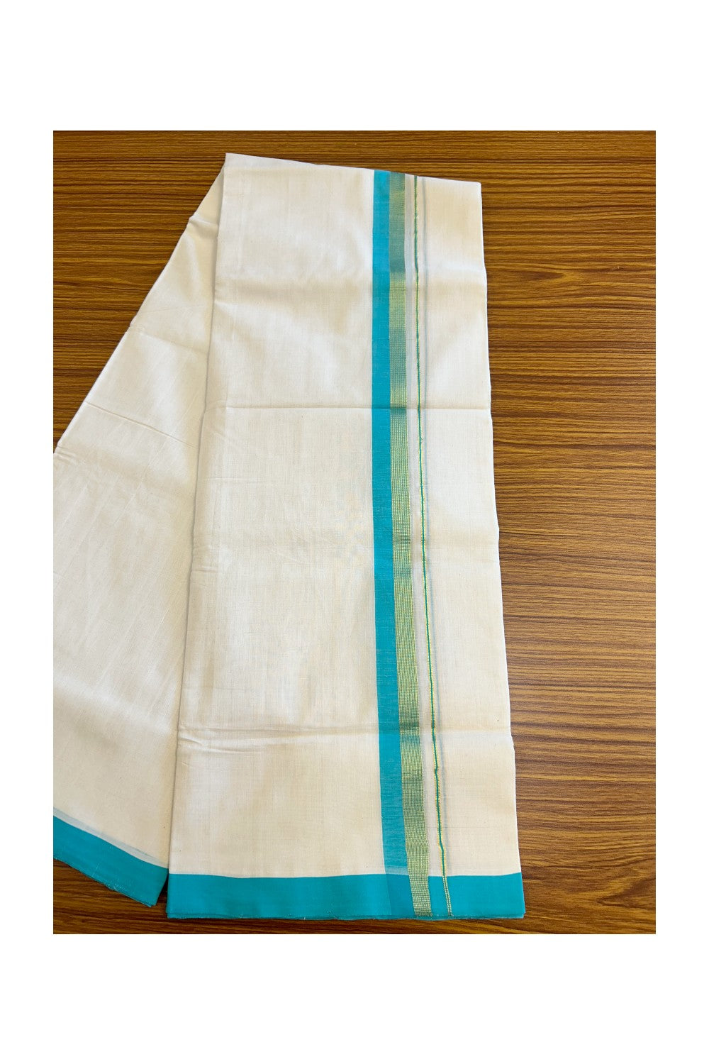 30% Discount KaithariKada HANDLOOM Unakkupaav Balaramapuram - 100% PURE Cotton Off White (Unbleached) Double Mundu/Dhoti -  1.75 inch Kasavu & Turquoise Blue-211