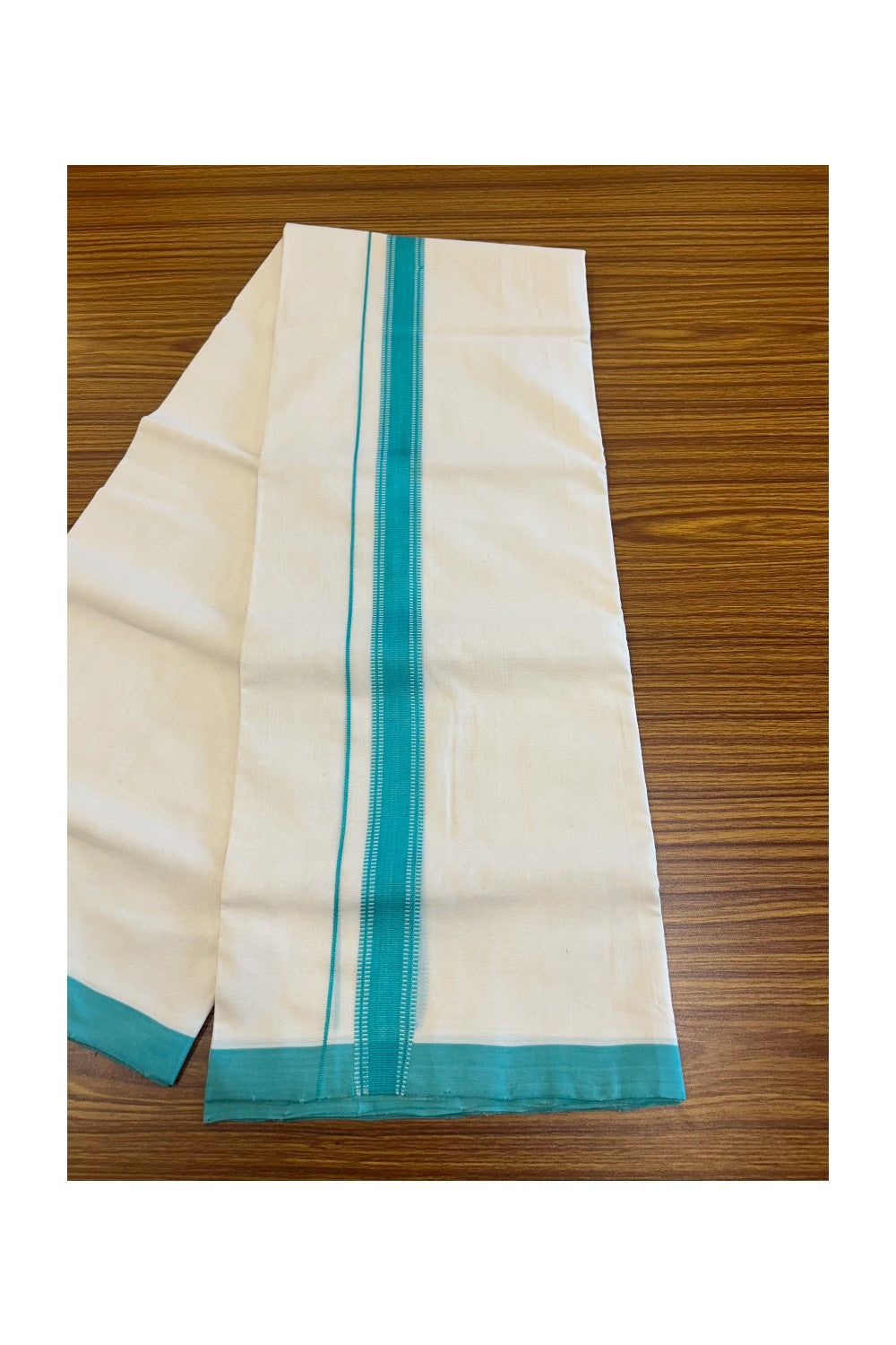25% DISCOUNT!! KaithariKada HANDLOOM UNAKKUPAAV Balaramapuram - 100% PURE Cotton OFF White Double - (Unbleached) Mundu/Dothi - 1.75 inch Turquoise Design Kara - 9KK5049REA
