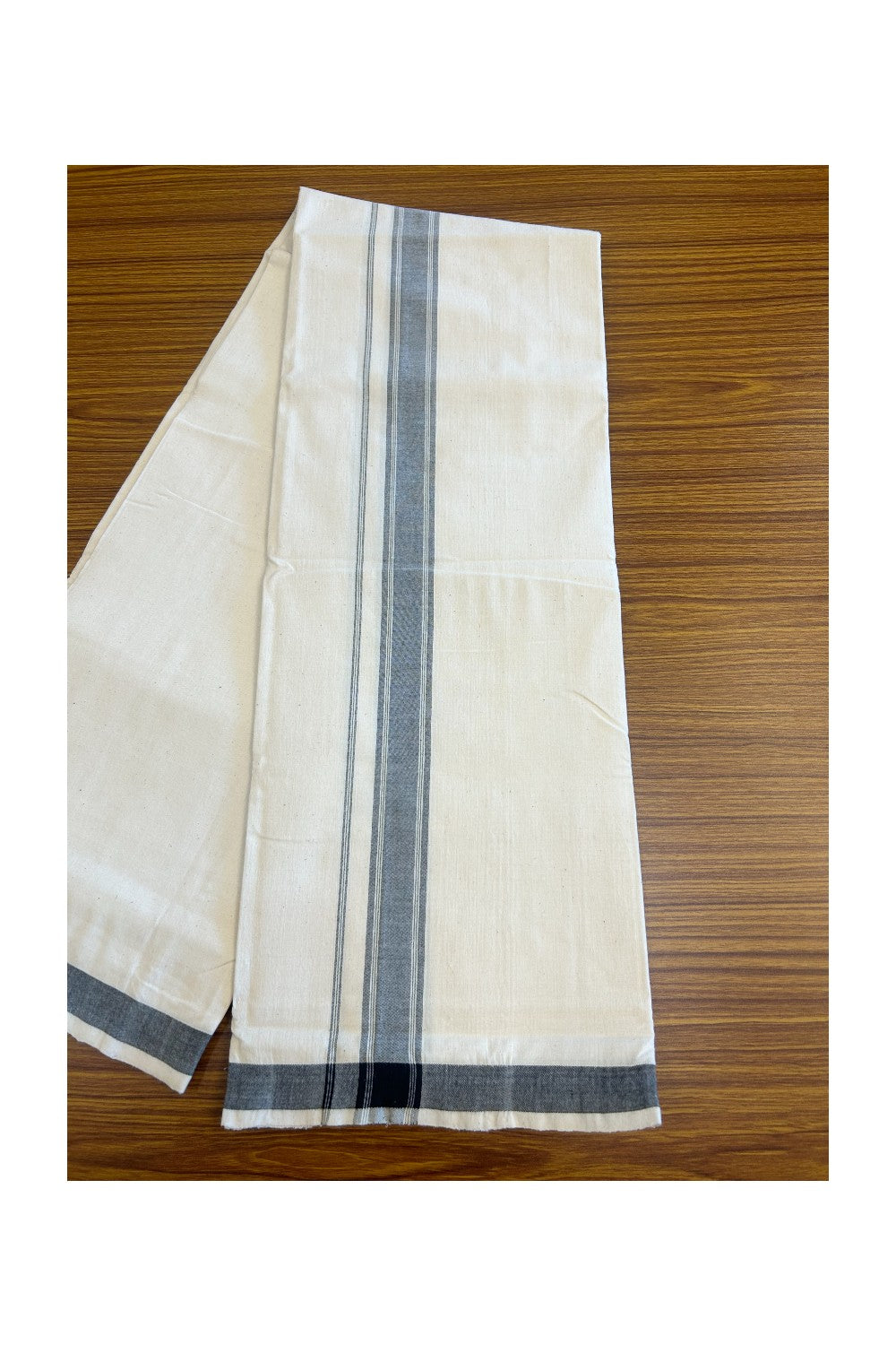30% Discount KaithariKada 100% Cotton Balaramapuram HANDLOOM Single Mundu/Dhoti - Off White (Unbleached) 2 inch (2 meter / 4 muzham) Black Kara Stripes-323