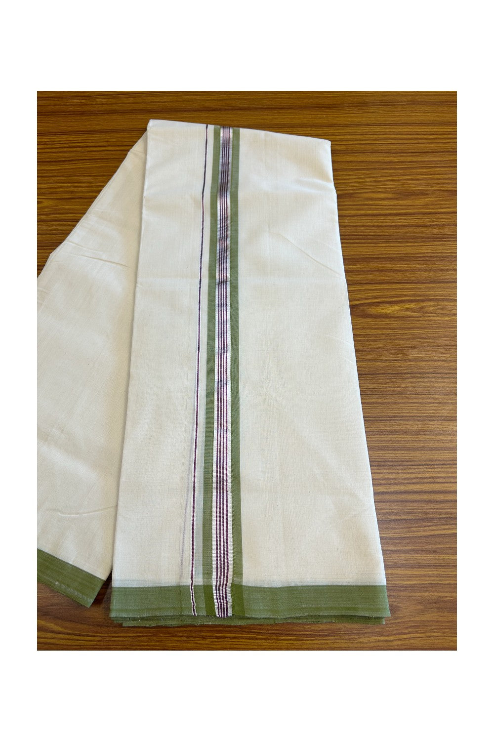 25% DISCOUNT!! KaithariKada HANDLOOM Millpaav Balaramapuram - 100% PURE Cotton OFF White - (Unbleached) Double Mundu/Dothi - 2 Inch Light Green & Purple silver Kasavu Striped Kara - 9KK5056RAM