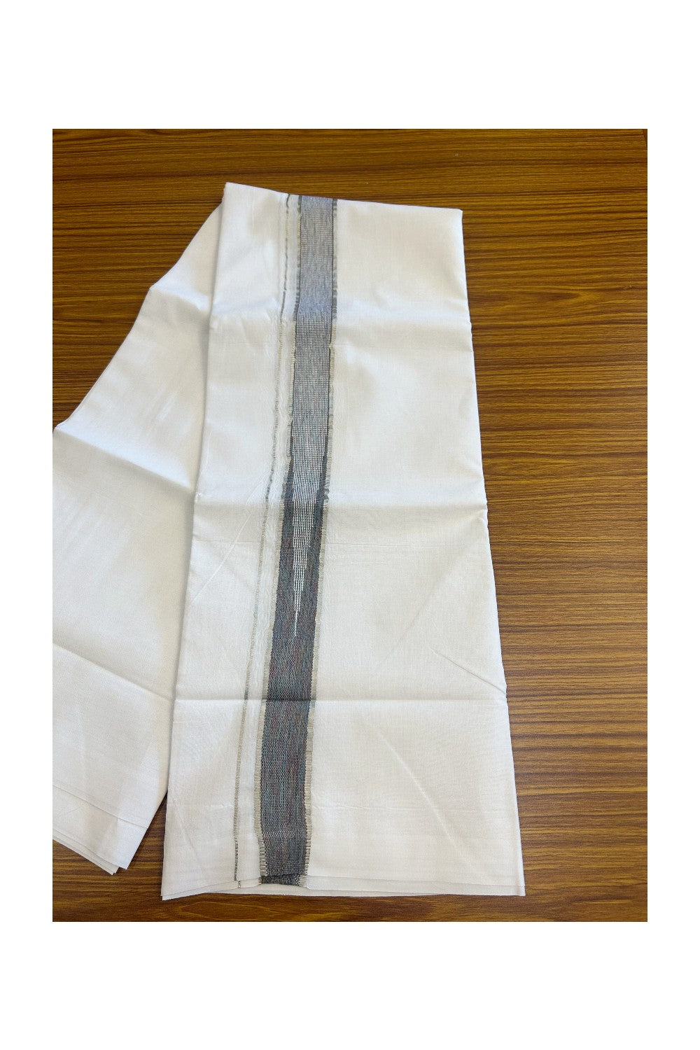 19% Discount!!! KaithariKada Balaramapuram  PURE WHITE Double Mundu/Dhoti - 80X90 - 2 inch Silver kasavu Multi colour  heavy chutty kara 3.75 meters (8 Muzham) - 9KK5058GUN