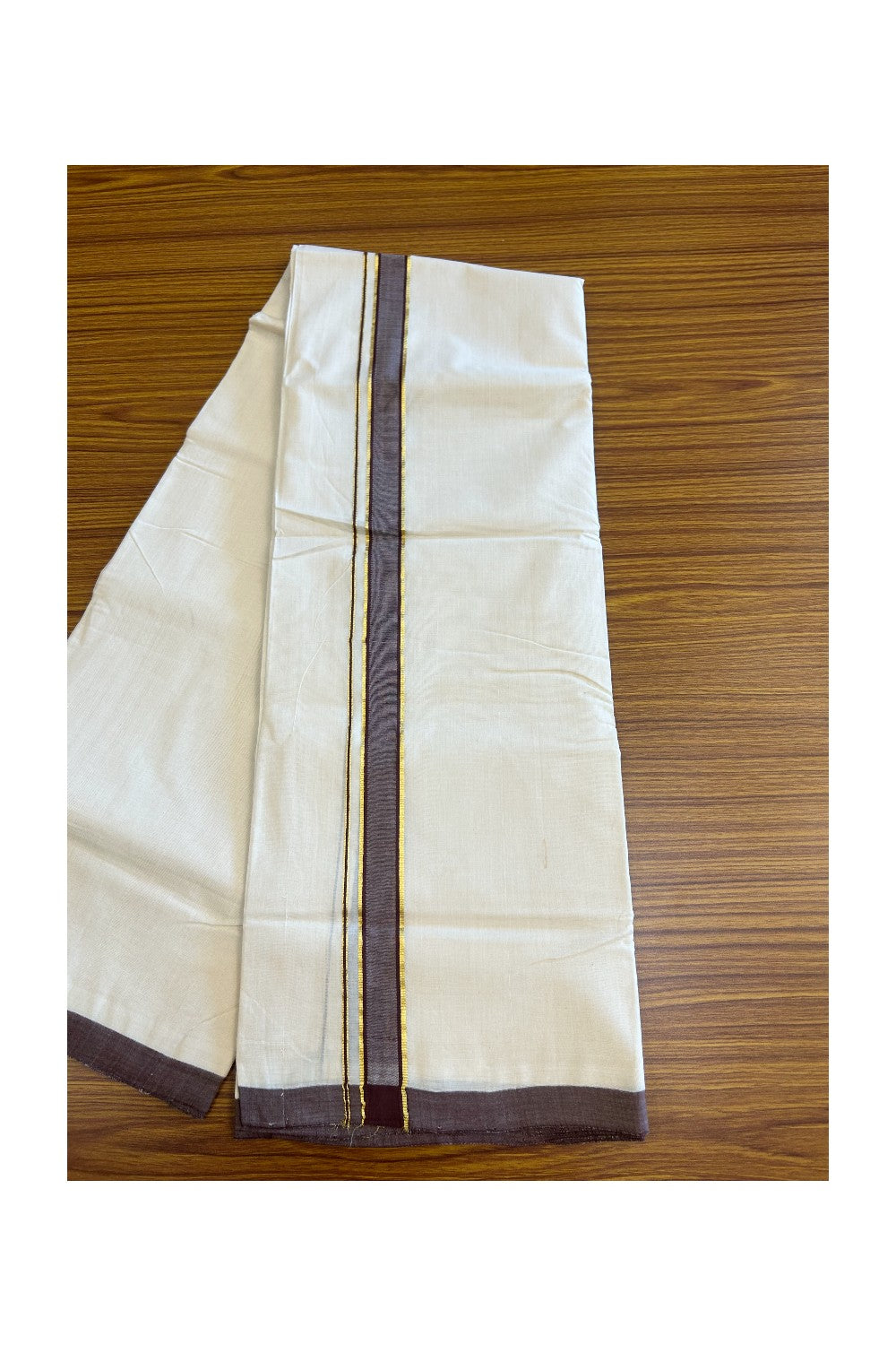 30% DISCOUNT! KaithariKada BALARAMAPURAM HANDLOOM Unakkupaav- 100% PURE Cotton 100x100 Double Mundu/Dhoti OFF WHITE (Unbleached) 3.8 mtr (8 Muzham)- Brown & Kasavu Kara
