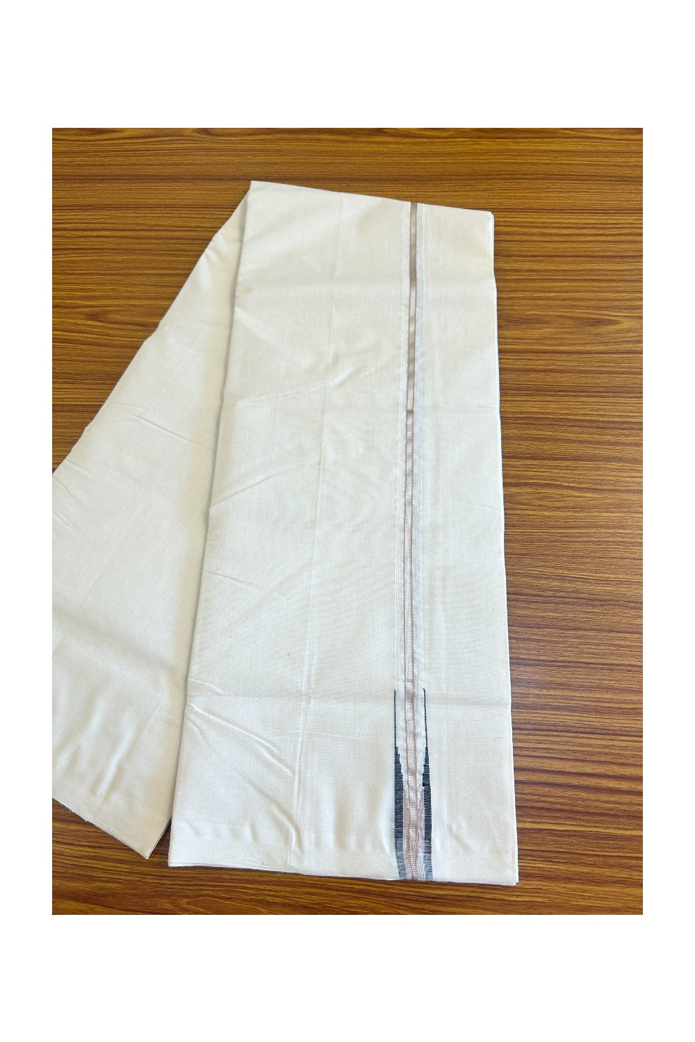 21% DISCOUNT!! KaithariKada HANDLOOM Millpaav Balaramapuram - 100% PURE Cotton OFF White - (Unbleached) Double Mundu/Dothi - 1inch Puliyilakkara Silver kasavu  Black & Cream chutty - 9KK506RAM