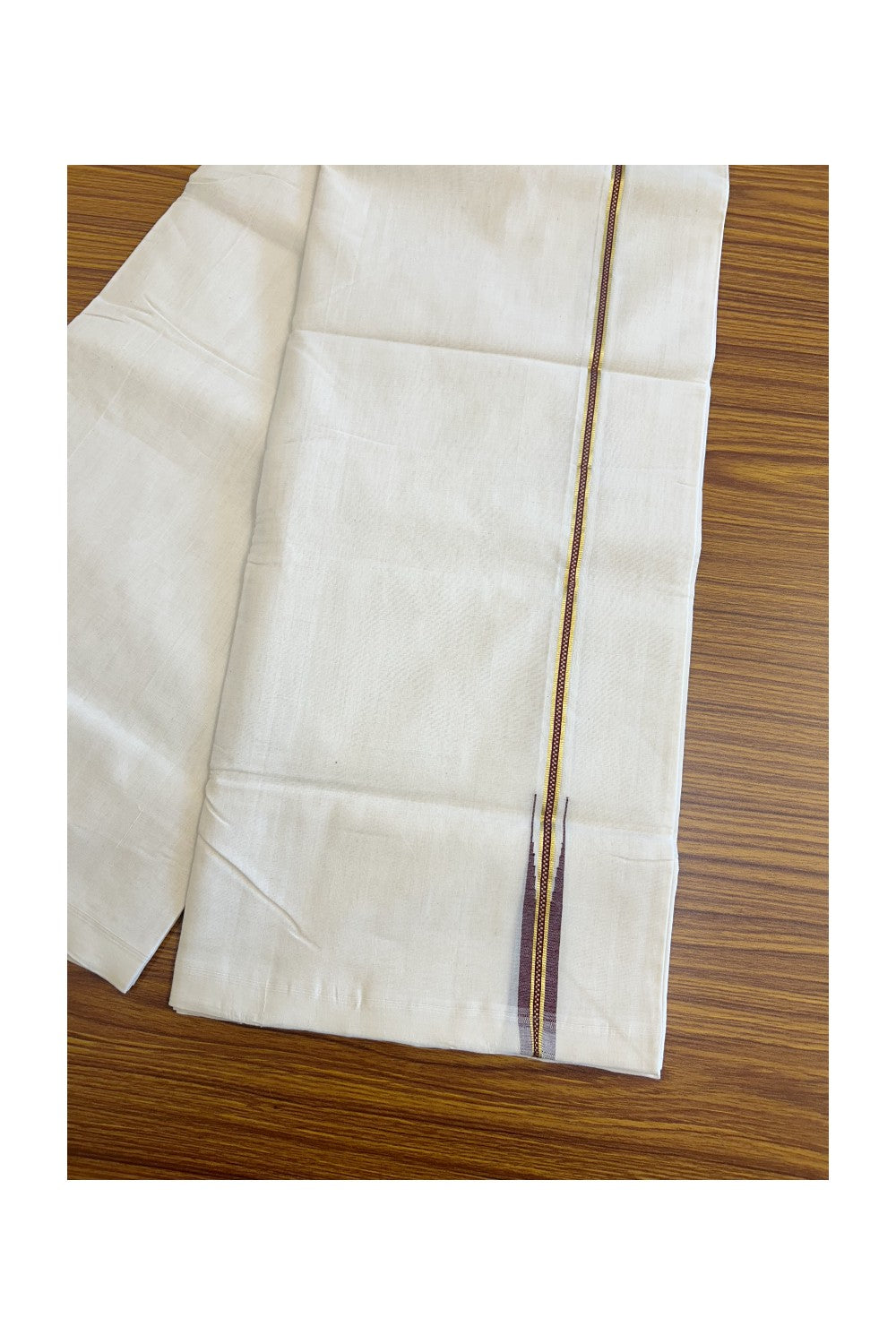30% DISCOUNT!! KaithariKada HANDLOOM Unakkupaav Balaramapuram - 100% PURE Cotton OFF White (Unbleached) Double Mundu/Dothi - Kasavu Maroon Muthukkuri Puliyilakkara  Chutty  - 17KK114ASH
